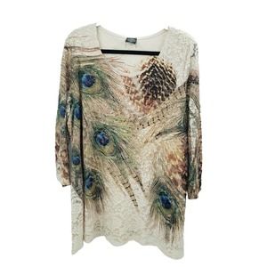 NWT Cal Style Boutique Peacock Feather Print Knit Tunic Top Women Lace Overlay